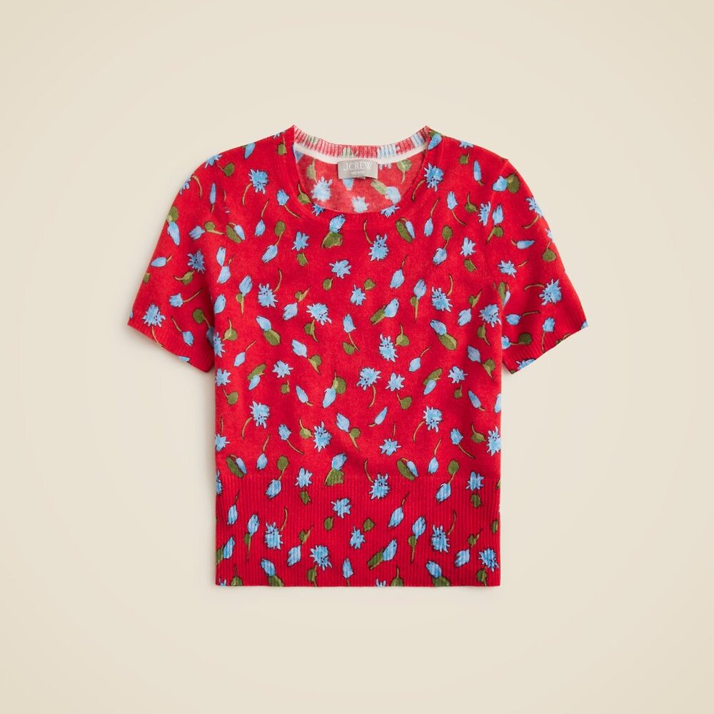 NWT J.Crew Featherweight Cashmere Shrunken T-shirt in Red Brushed Daisy Print S